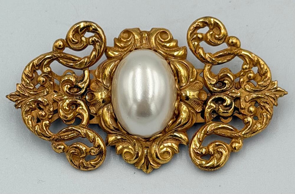 Miriam Haskell Faux Pearl, Russian Gilt Filigree Brooch Signed